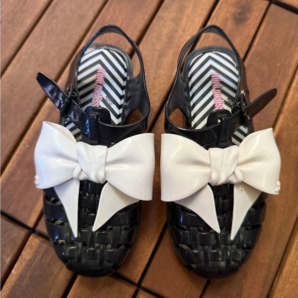 Mini Melissa Barbie Black Woven Sandals with White Bow
